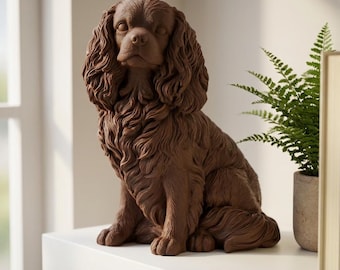 Cavalier King Charles Spaniel Sculpture, Realistic Seated Dog Statue, Matte White PLA, 4 to 8 Inch