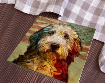 Sheepadoodle USA Flag Patriotic Dog Ceramic Tile thumbnail 3