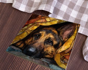 German Shepherd Under the Blanket Ceramic Tile thumbnail 4