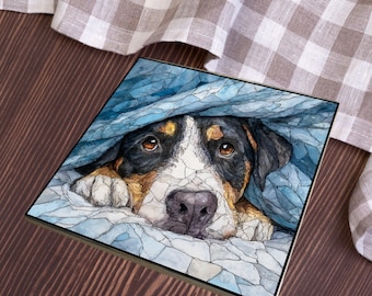 Greater Swiss Mountain Dog Under the Blanket Ceramic Tile thumbnail 4