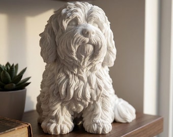 Coton de Tulear Sculpture, Realistic Seated Dog Statue, Matte White PLA, 4 to 8 Inch