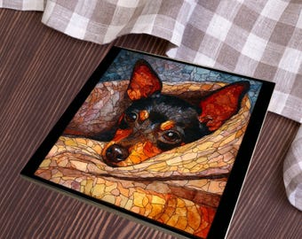 Miniature Pinscher Under the Blanket Ceramic Tile thumbnail 4