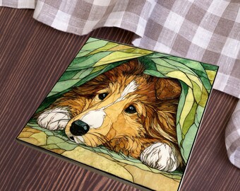 Border Collie Under the Blanket Ceramic Tile thumbnail 4