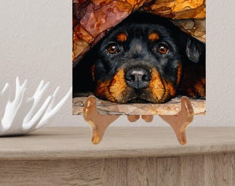 Rottweiler Under the Blanket Ceramic Tile thumbnail 2