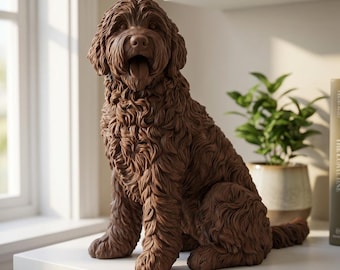 Goldendoodle Sculpture, Realistic Seated Dog Statue, Matte White PLA, 4 to 8 Inch