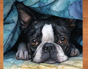 Boston Terrier Under the Blanket Ceramic Tile thumbnail 1