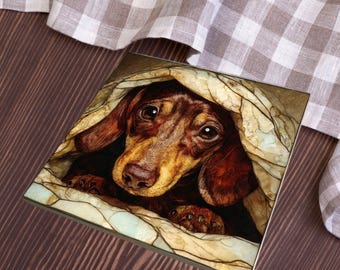 Dachshund Under the Blanket Ceramic Tile thumbnail 4