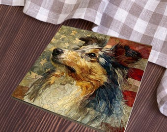 Shetland Sheepdog USA Flag Patriotic Dog Ceramic Tile thumbnail 3