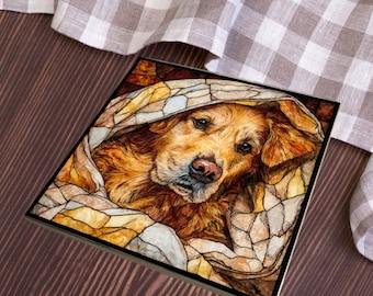 Golden Retriever Under the Blanket Ceramic Tile thumbnail 4