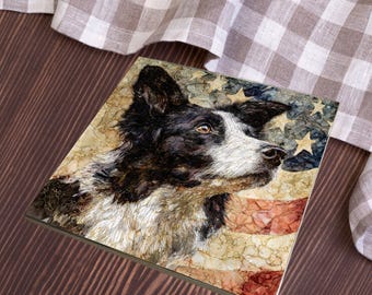 Border Collie USA Flag Patriotic Dog Ceramic Tile thumbnail 3