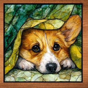 May include: A watercolor painting of a Pembroke Welsh Corgi dog peeking out from under green and yellow leaves. The dog has brown and white fur, with large, dark eyes and a black nose. The artwork is framed in a wooden frame.