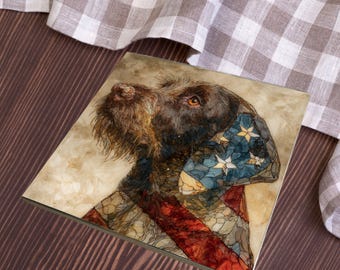 German Wirehaired Pointer USA Flag Patriotic Dog Ceramic Tile thumbnail 3