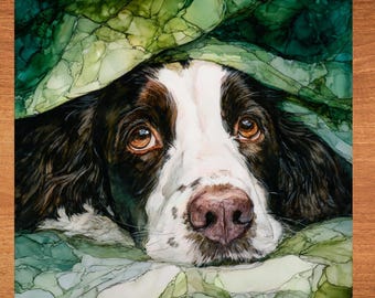 English Springer Spaniel Under the Blanket Ceramic Tile thumbnail 1