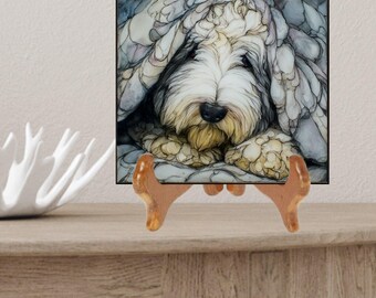 Old English Sheepdog Under the Blanket Ceramic Tile thumbnail 2
