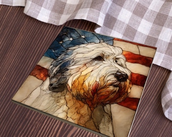 Old English Sheepdog USA Flag Patriotic Dog Ceramic Tile thumbnail 3