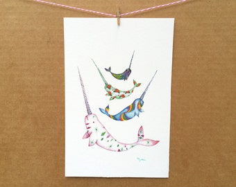 Watercolor/Ink-Animals-Narwhals