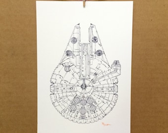 Watercolor/Ink-Star Wars-Millennium Falcon (B&W)