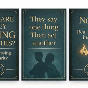 May include: Three teal-colored cards with gold text and accents. The first card reads "WHY ARE THEY ACTING LIKE THIS?" and "Stop guessing. Get clarity." The second card says "They say one thing Then act another." The third card says "No AI Real human insight."