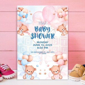 Invitación editable para revelar el género del bebé / Invitación con osito de peluche para niño o niña / Descarga instantánea / Tema de globos azules y rosas