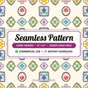May include: A seamless pattern design featuring repeating motifs of mushrooms, grapes, and floral elements in a variety of shapes and colors. The design includes the text "Seamless Pattern" and "12"x12"" with the words "Hand-drawn", "Commercial Use", and "Instant Download".