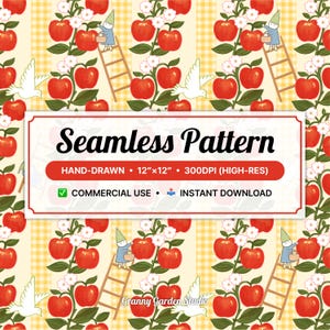 May include: Seamless pattern featuring red apples, white doves, and a whimsical gnome climbing a ladder. The design includes the text "Seamless Pattern", "Hand-drawn", and "Commercial Use". The pattern is 12"x12" and is a high-resolution image.