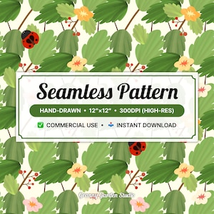 Ladybug in the Garden – Seamless Pattern / Nature-Inspired Clipart / Kids Botanical Fabric / Whimsical Spring Leaves / Cute Bug Design