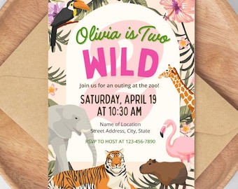 Two Wild Birthday Invitation: Jungle Animals, Editable Canva Template (Digital Download)