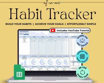 Könnte beinhalten: Ein Laptop mit einem digitalen Gewohnheitstracker. Der Bildschirm zeigt eine detaillierte Tabelle mit Abschnitten zur Verfolgung von Gewohnheiten, Fortschritt und Zielen. Der Text auf dem Bildschirm lautet "Habit Tracker", "Build Your Habits" und "Achieve Your Goals". Kreisförmige Symbole heben YouTube-Tutorials und die jährliche Verfolgung hervor.