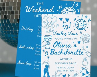May include: Two blue and white bachelorette party invitations with a disco ball in the background. The invitations have a weekend schedule and the text "Voulez Vous You're Invited to Olivia's Bachelorette". The invitations include illustrations of a disco ball, champagne bottle, and starfish.