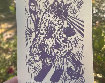 Dirty Shirley Shenanigans - Purple Kitty 5X7 Linocut Print