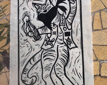 Anarchy Kitty Linocut Print – Hand-Carved 5X7 Cat Art