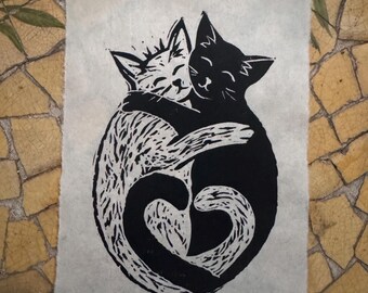 Cat Art Print “kitty heart”  - Linocut Unframed Print
