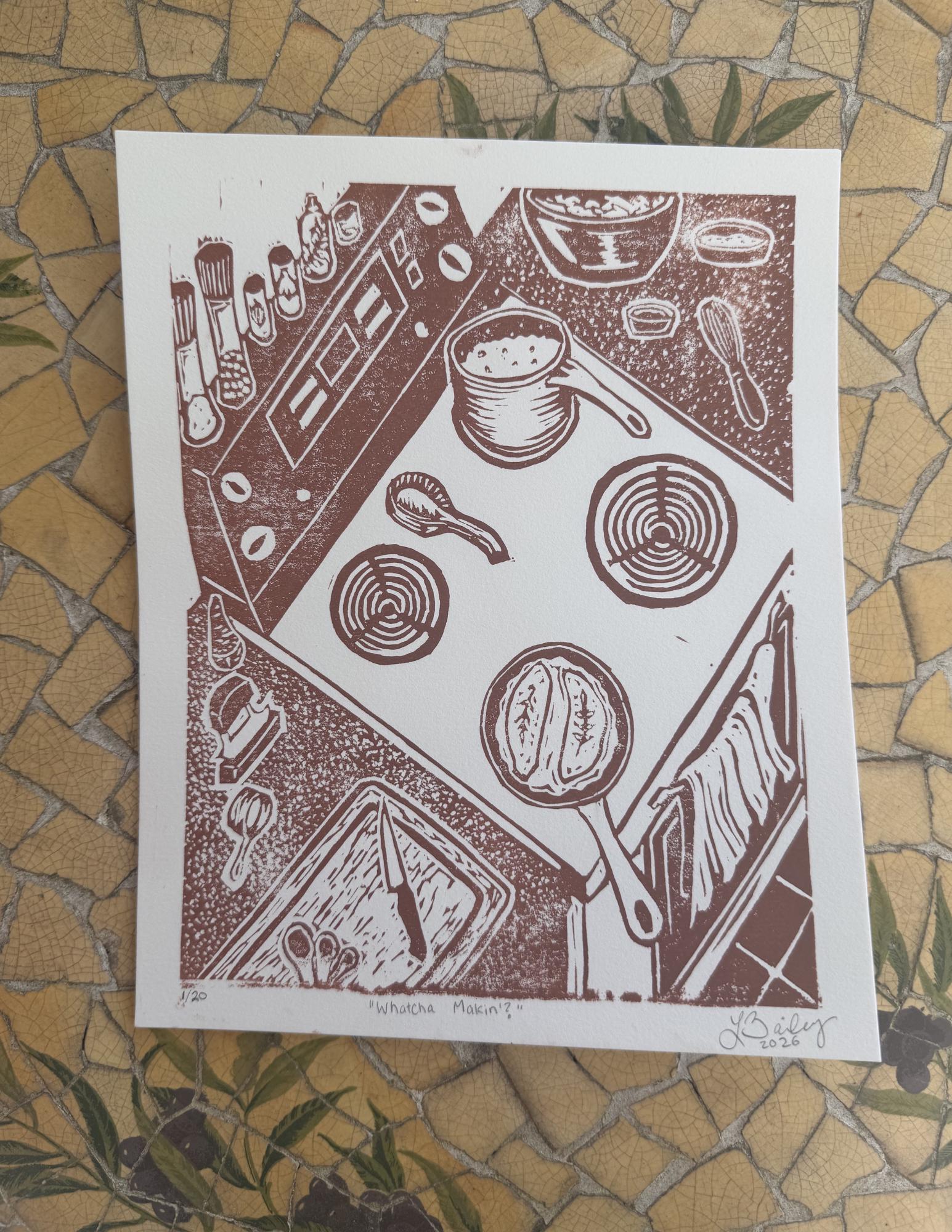 Linocut Kitchen Cooking Art Print - 