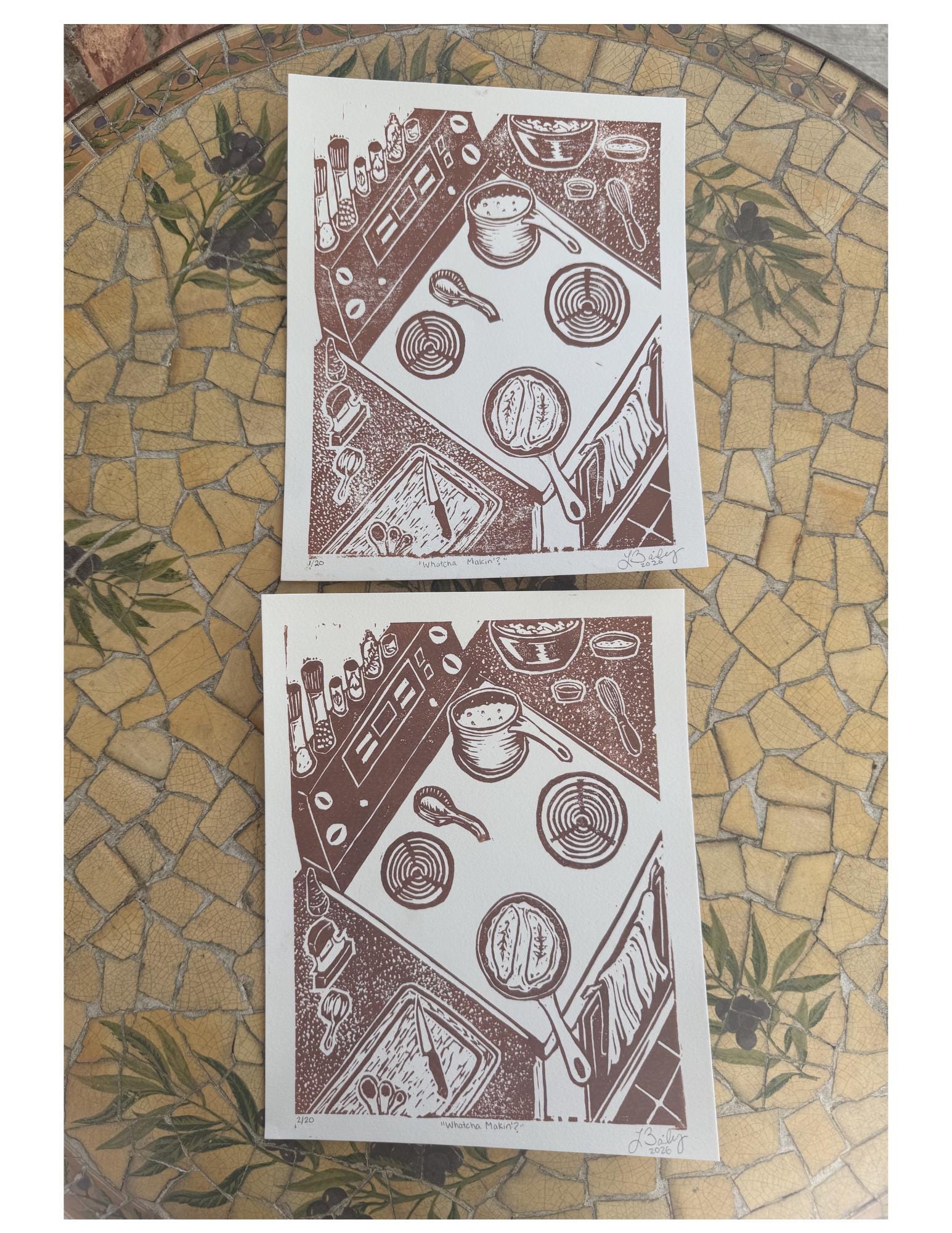Linocut Kitchen Cooking Art Print - 