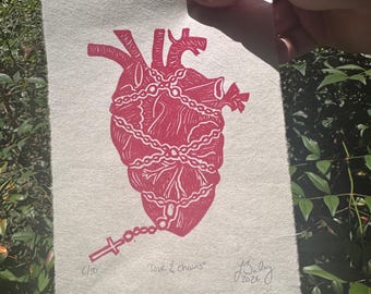 Heart Art - “Love and Chains” 5X7 Linocut Print