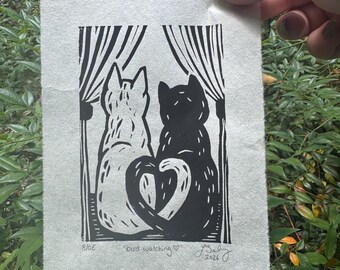 Cat Art Print “Bird Watching <3”  - Linocut Unframed Print