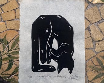 Cat Art Print “Inexplicably Comfortable”  - Linocut Unframed Print
