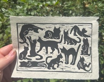 Cat Art Print “12 kitties”  - Linocut Unframed Print
