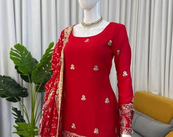 Red Chinon Silk Sharara Suit Set, Embroidered Sequin Kurta Dupatta, Festive Wear