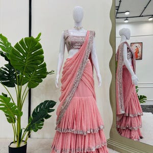 Glamorous Pink Ruffle Lehenga Saree with Sequin Blouse and Dupatta for Wedding Party Wear | Designer Ethnic Indian Outfit for Women