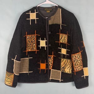 Vintage 90s Y2K Alex Kim Womens M Black Animal Print Patchwork Chenille Jacket