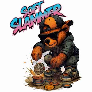 May include: An illustration of a brown bear wearing sunglasses, a black and orange cap, and a black hoodie. The bear is squatting and appears to be playing a game with colourful discs. The text "SOFT SLAMMER" is above the bear.