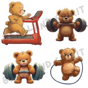 Puede incluir: Cuatro ilustraciones de osos de peluche de dibujos animados haciendo ejercicio. Un oso corre en una cinta de correr roja, otros levantan pesas y saltan a la cuerda. Los osos son marrones y tienen expresiones enfadadas.