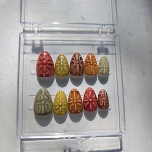 May include: A set of ten oval-shaped, press-on nails in a clear plastic case. The nails feature a floral design and are in shades of red, yellow, brown, and orange. The nails are approximately 1 inch in length.