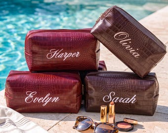Personalized  Leather Makeup Bag, Embroidered Makeup Pouch, Custom Cosmetic Bags, Toiletry Case, Bridesmaid Gifts