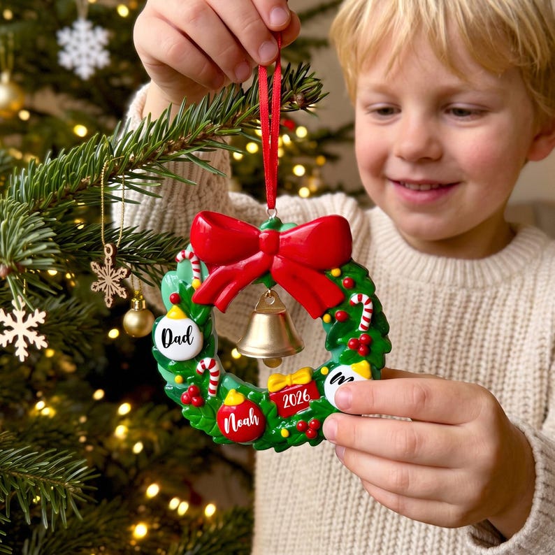K&ouml;nnte beinhalten: Ein runder Weihnachtsbaumschmuck in Form eines Kranzes mit gr&uuml;nem Blattwerk, einer gro&szlig;en roten Schleife oben und einer goldenen Glocke in der Mitte. Der Kranz ist mit roten Beeren, Zuckerstangen und kleinen Geschenken verziert. Er tr&auml;gt die Aufschriften Dad, Noah und 2026.