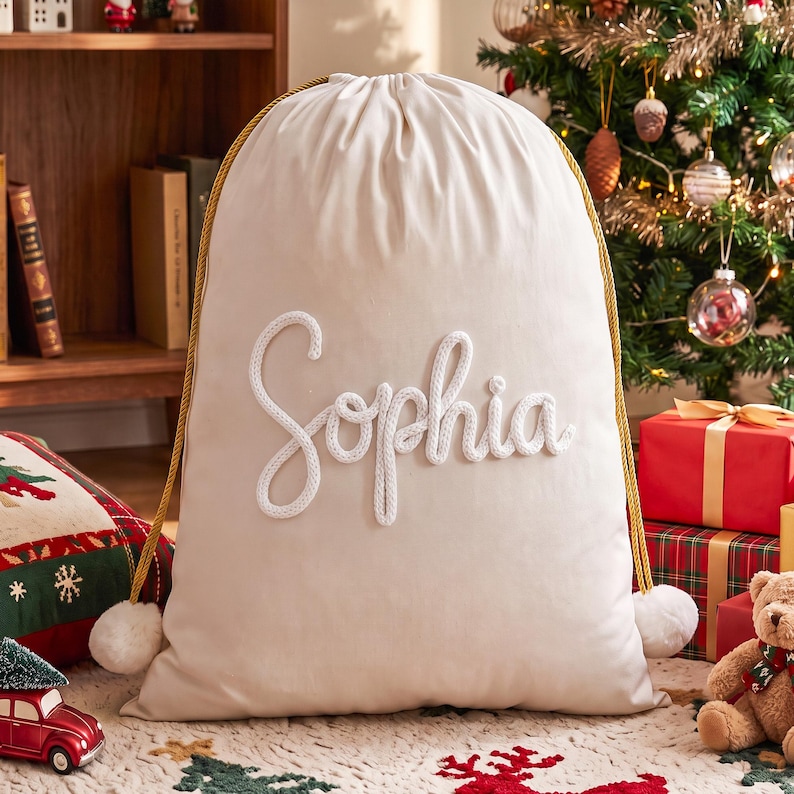 May include: A cream-colored fabric drawstring gift bag featuring the name Sophia in white rope-style lettering across the center. The bag includes gold-colored braided drawstrings with white pom-pom ends, creating a festive storage container.