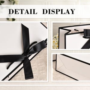 May include: White gift bags with black trim and a black satin ribbon. The bags are shown in detail, with close-ups of the ribbon, handles, and the bag's interior. The words "DETAIL DISPLAY" are at the top.