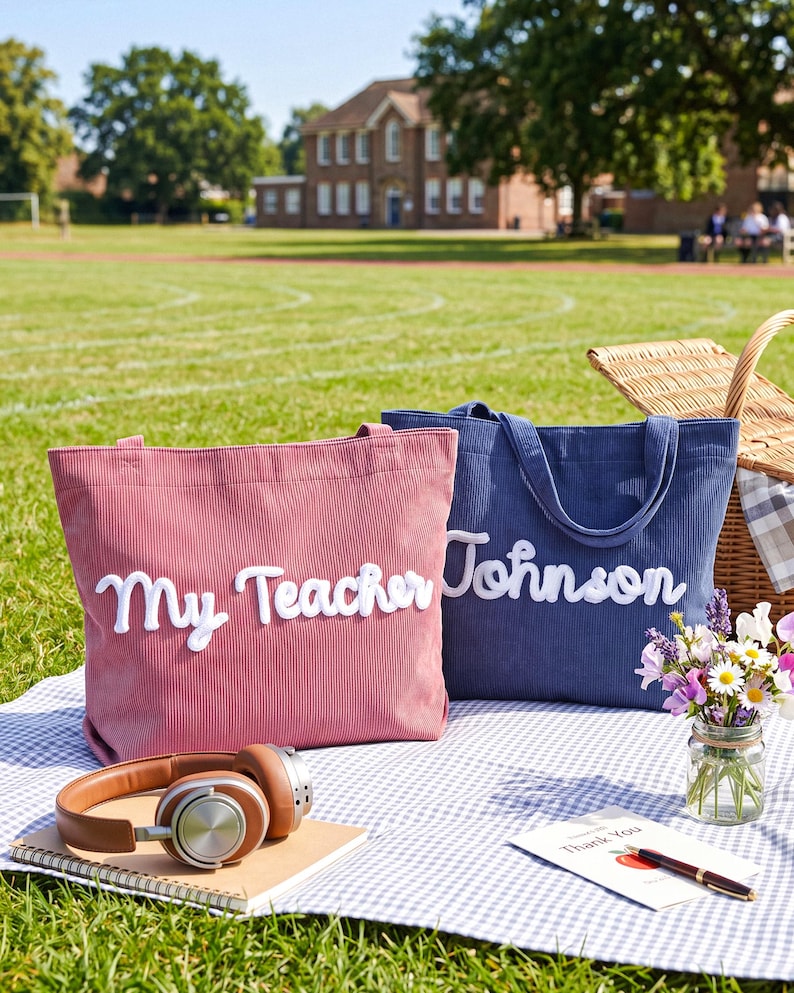 May include: Two corduroy tote bags, one dusty pink and one navy blue, each featuring white embroidered script text. The pink bag displays the words My Teacher, while the navy blue bag displays the name Johnson. Both bags have two shoulder straps.