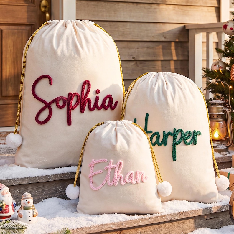 May include: Three off-white drawstring gift bags with gold cords and white pom-poms. The bags feature personalized names in raised, textured script: Sophia in dark red, Harper in dark green, and Ethan in light pink, all in cursive.